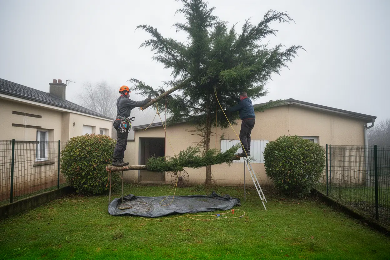 Abattage contrôlé d'un arbre près d'une maison à Isle