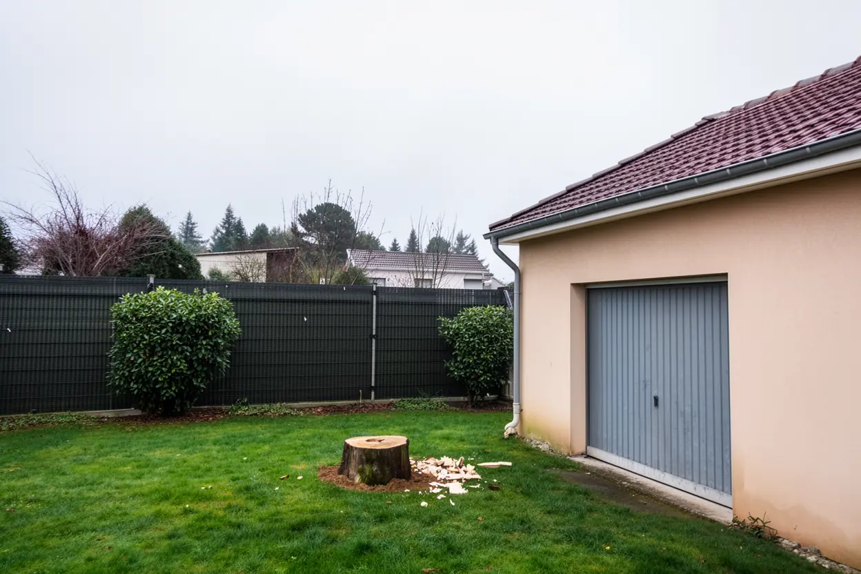 Garage dégagé après démontage du conifère à Isle