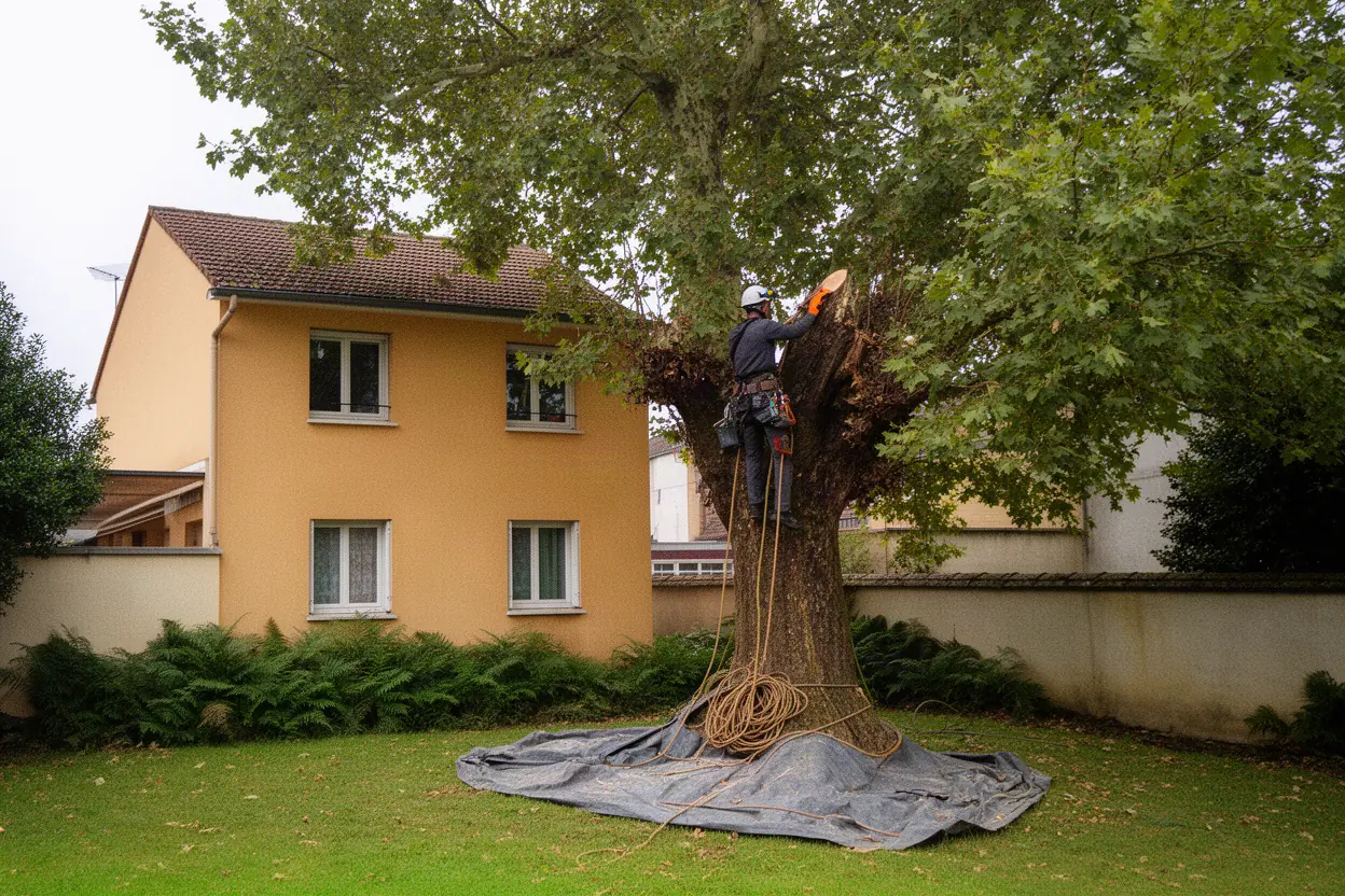 Élagueur taillant un arbre mature dans un jardin à Isle