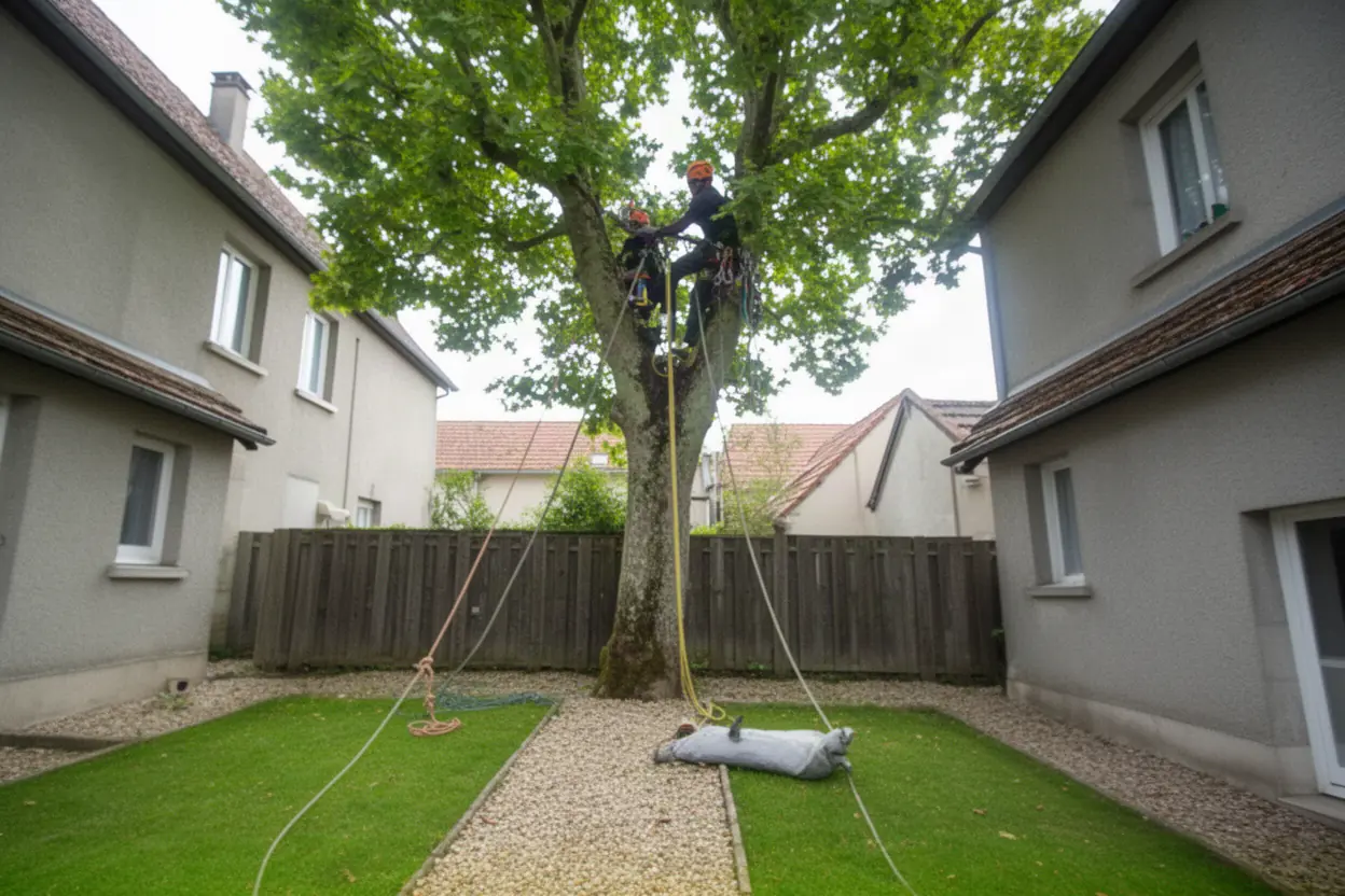 Arboriste grimpeur progressant dans un grand chêne à Isle