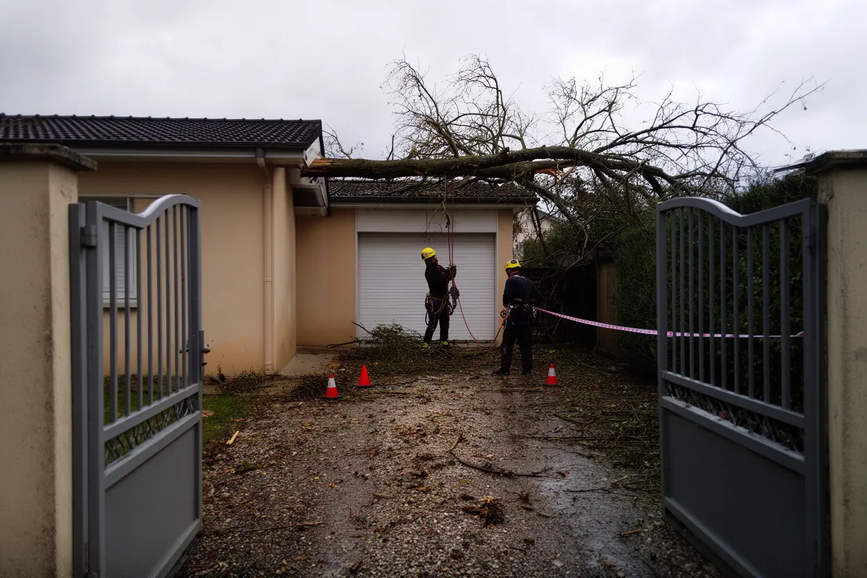 Élagueur sécurisant une branche cassée après tempête à Isle